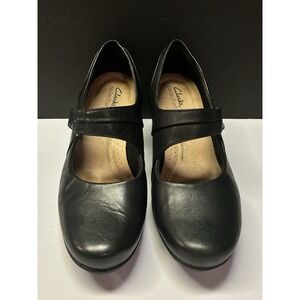 Clarks Collection Black Leather Mary Jane Comfortable Block Heels 8.5W